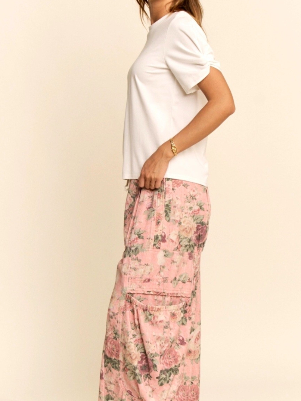 DAVI & DANI Pink Floral Wide Leg Cargo Jogger Jeans